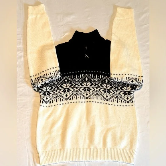 (M) JEANNE PIERRE BLACK & off/WHITE GEOMETRIC DESIGN 1/4 ZIP MOCK TURTLENECK - Picture 3 of 12